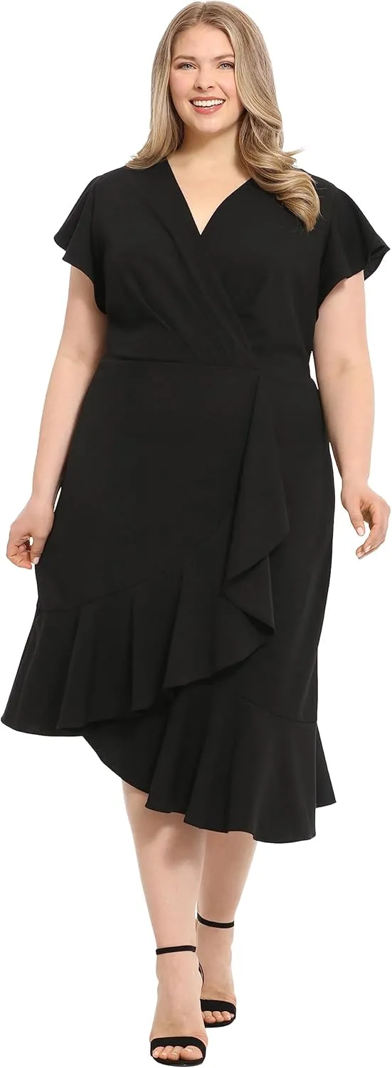 London Times Women's Feminine Ruffle Sleeve V-Neck Polished Career Crepe Wrap Dress with Asymmetrical Hem