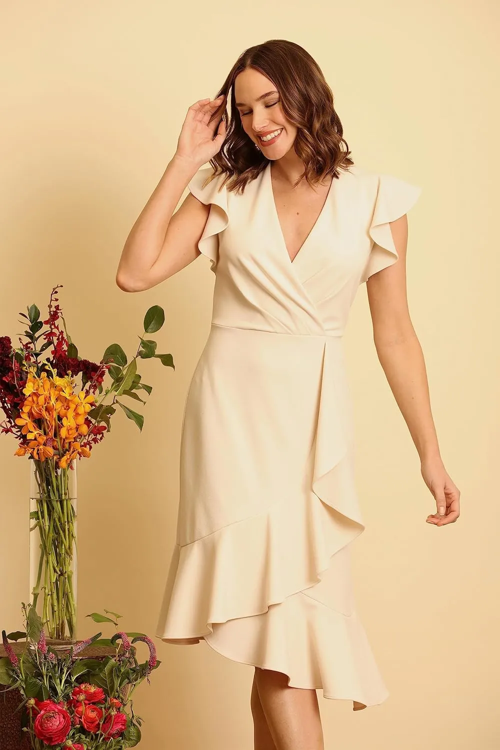 London Times Women's Feminine Ruffle Sleeve V-Neck Polished Career Crepe Wrap Dress with Asymmetrical Hem