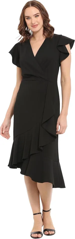 London Times Women's Feminine Ruffle Sleeve V-Neck Polished Career Crepe Wrap Dress with Asymmetrical Hem