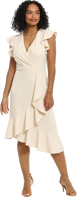 London Times Women's Feminine Ruffle Sleeve V-Neck Polished Career Crepe Wrap Dress with Asymmetrical Hem