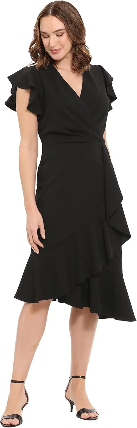 London Times Women's Feminine Ruffle Sleeve V-Neck Polished Career Crepe Wrap Dress with Asymmetrical Hem