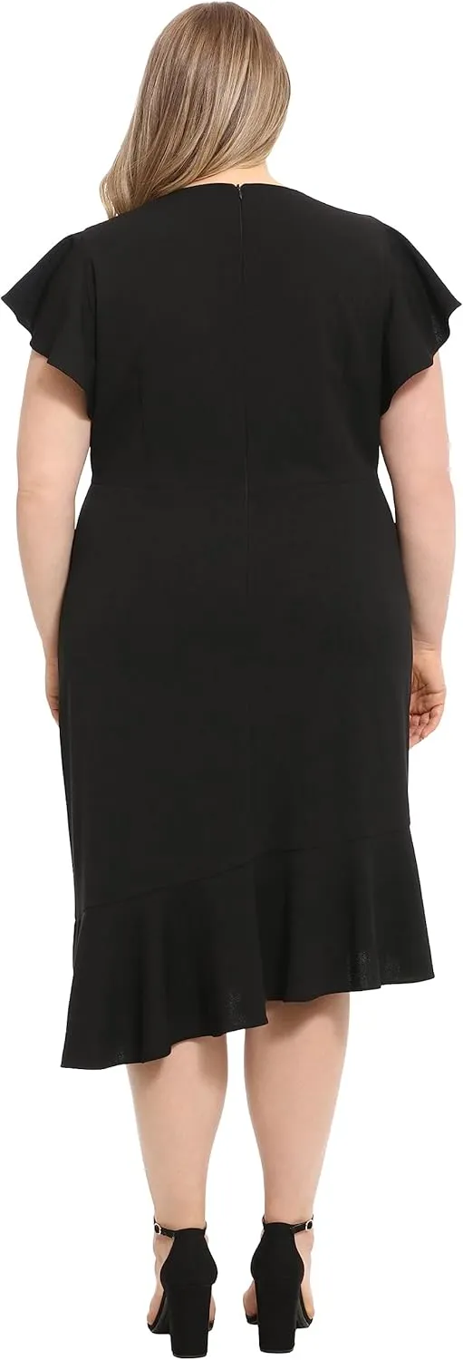 London Times Women's Feminine Ruffle Sleeve V-Neck Polished Career Crepe Wrap Dress with Asymmetrical Hem