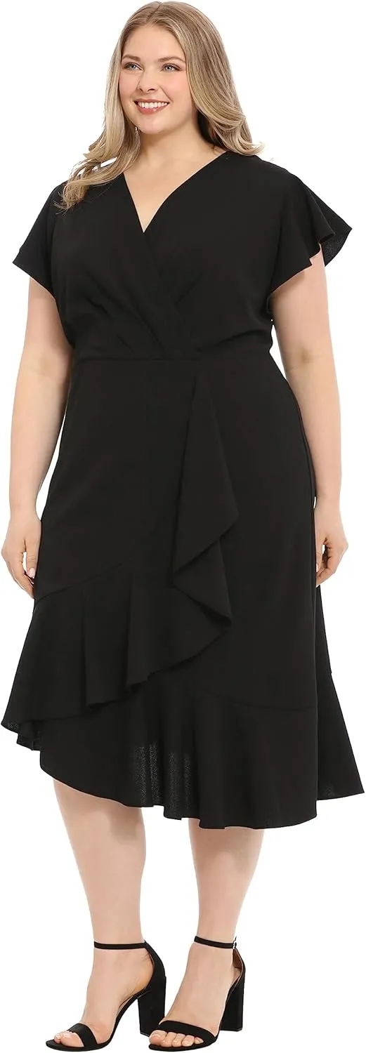 London Times Women's Feminine Ruffle Sleeve V-Neck Polished Career Crepe Wrap Dress with Asymmetrical Hem