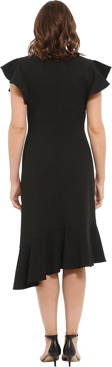 London Times Women's Feminine Ruffle Sleeve V-Neck Polished Career Crepe Wrap Dress with Asymmetrical Hem