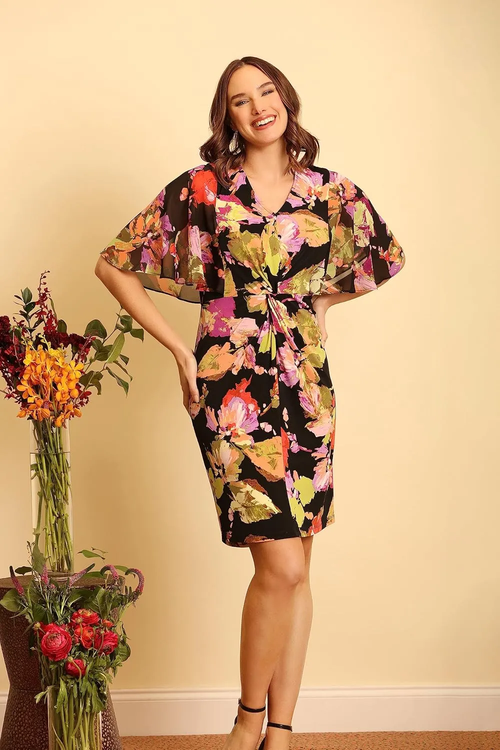 London Times Women's Flutter Sleeve Twist Front Jersey and Chiffon Dress Guest of Polished Feminine