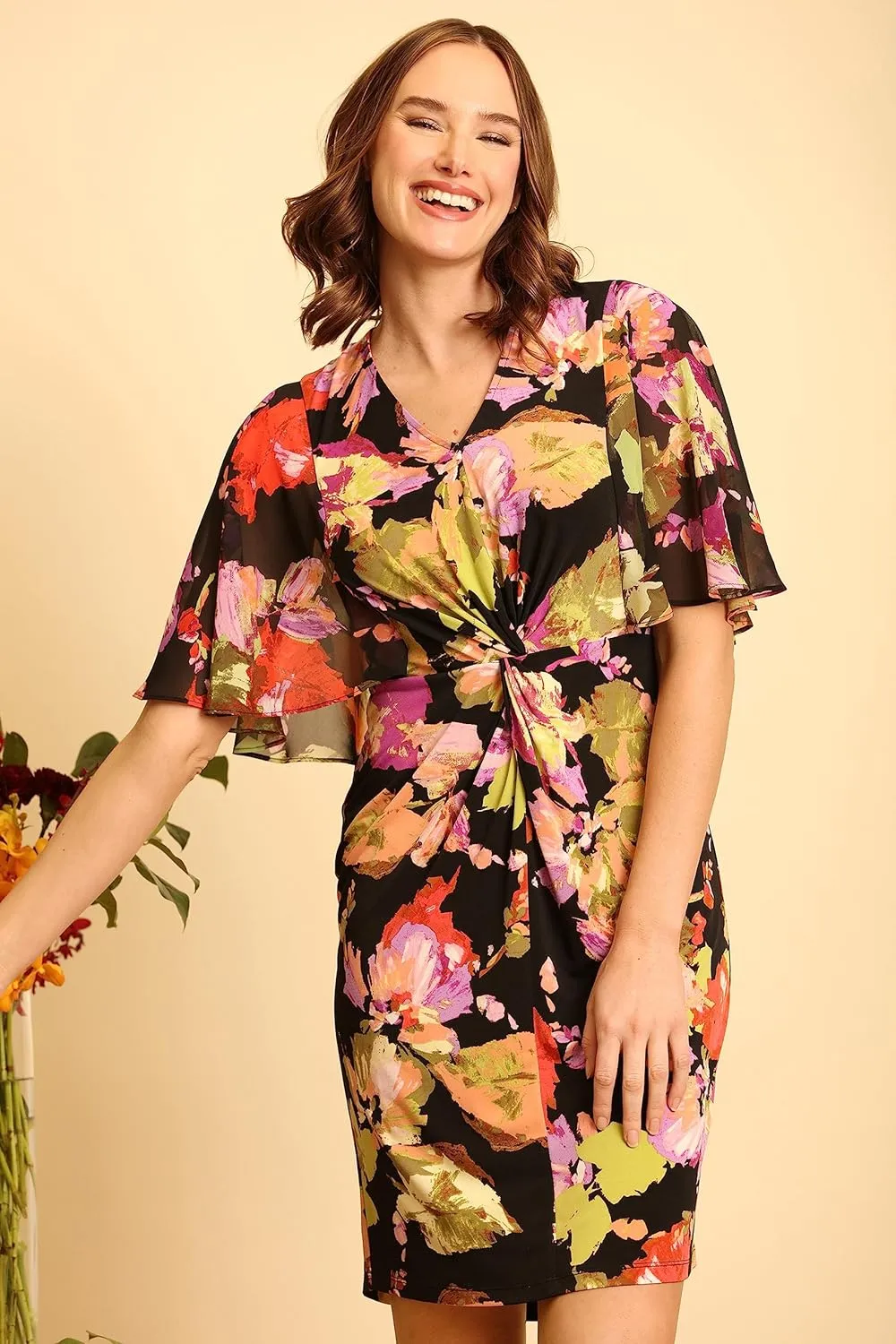 London Times Women's Flutter Sleeve Twist Front Jersey and Chiffon Dress Guest of Polished Feminine
