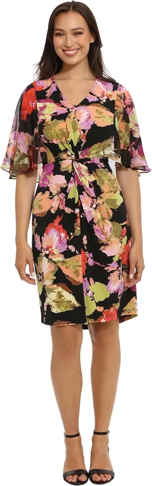 London Times Women's Flutter Sleeve Twist Front Jersey and Chiffon Dress Guest of Polished Feminine