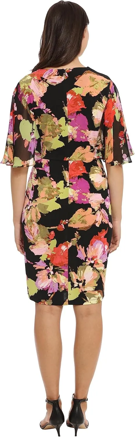 London Times Women's Flutter Sleeve Twist Front Jersey and Chiffon Dress Guest of Polished Feminine