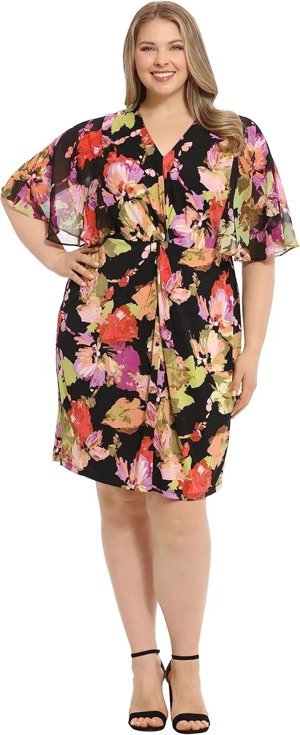 London Times Women's Flutter Sleeve Twist Front Jersey and Chiffon Dress Guest of Polished Feminine