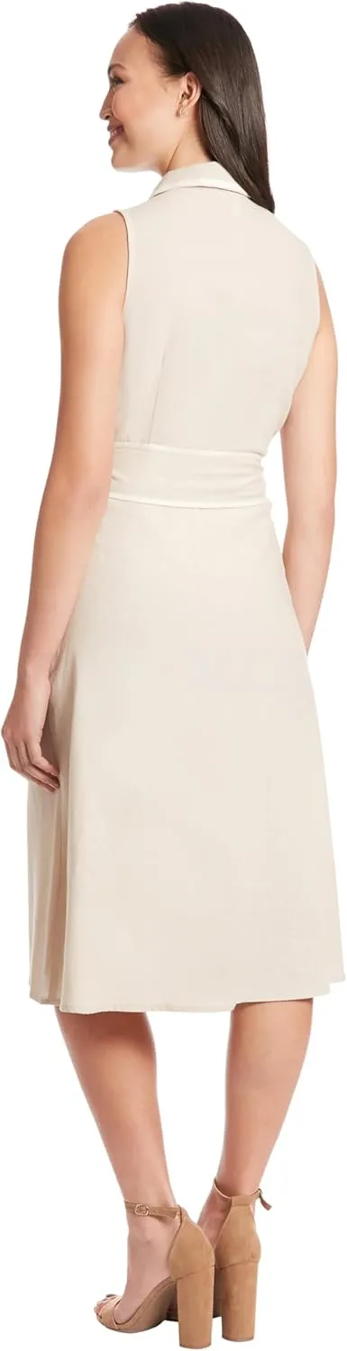 London Times Women's Linen Blend Polished Preppy Classic Belted Shirt Dress