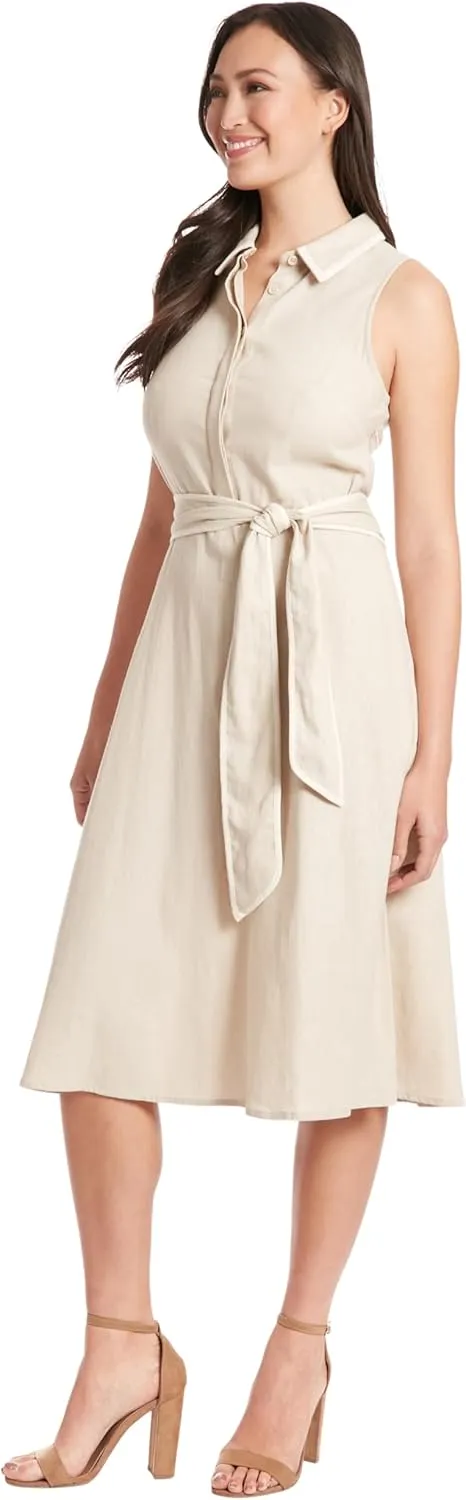 London Times Women's Linen Blend Polished Preppy Classic Belted Shirt Dress