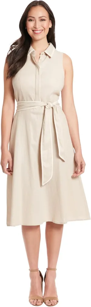 London Times Women's Linen Blend Polished Preppy Classic Belted Shirt Dress