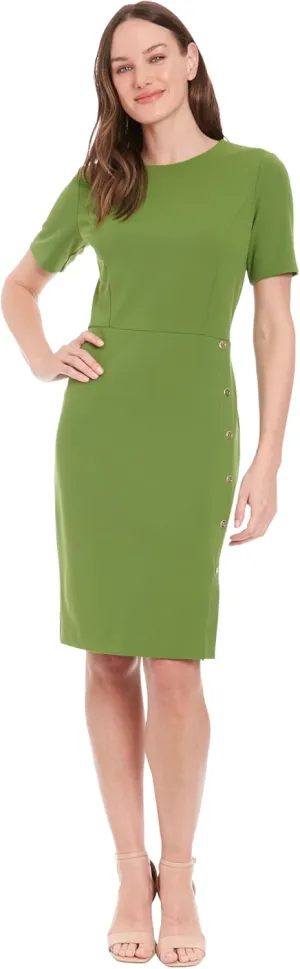 London Times Women's Short Sleeve Knee Length Crew Neck Button Side Career Polished Sheath Dress