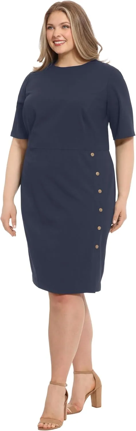 London Times Women's Short Sleeve Knee Length Crew Neck Button Side Career Polished Sheath Dress
