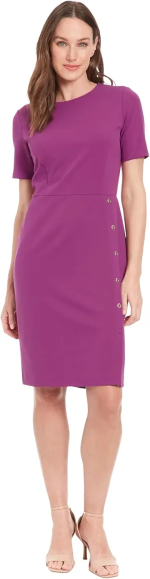 London Times Women's Short Sleeve Knee Length Crew Neck Button Side Career Polished Sheath Dress