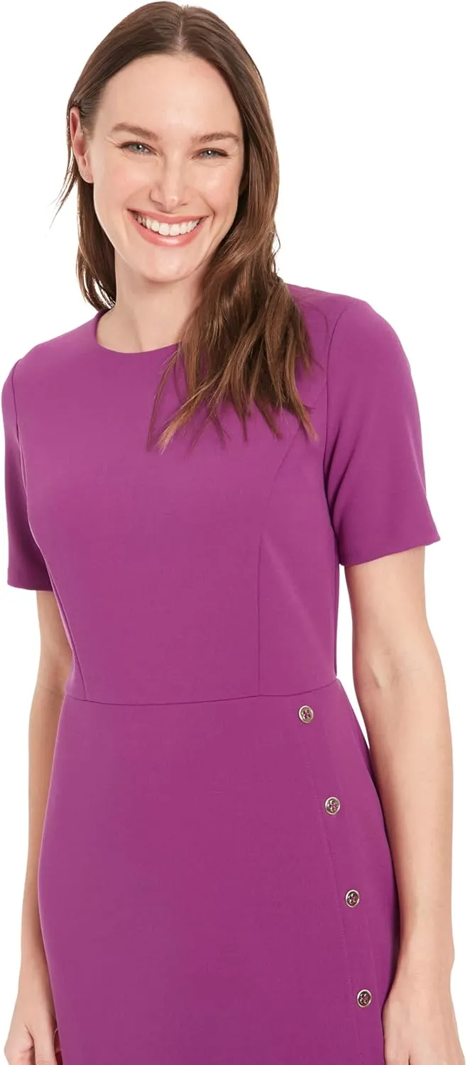 London Times Women's Short Sleeve Knee Length Crew Neck Button Side Career Polished Sheath Dress