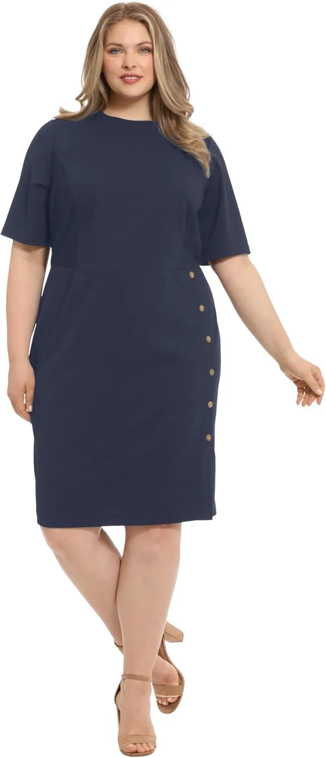 London Times Women's Short Sleeve Knee Length Crew Neck Button Side Career Polished Sheath Dress