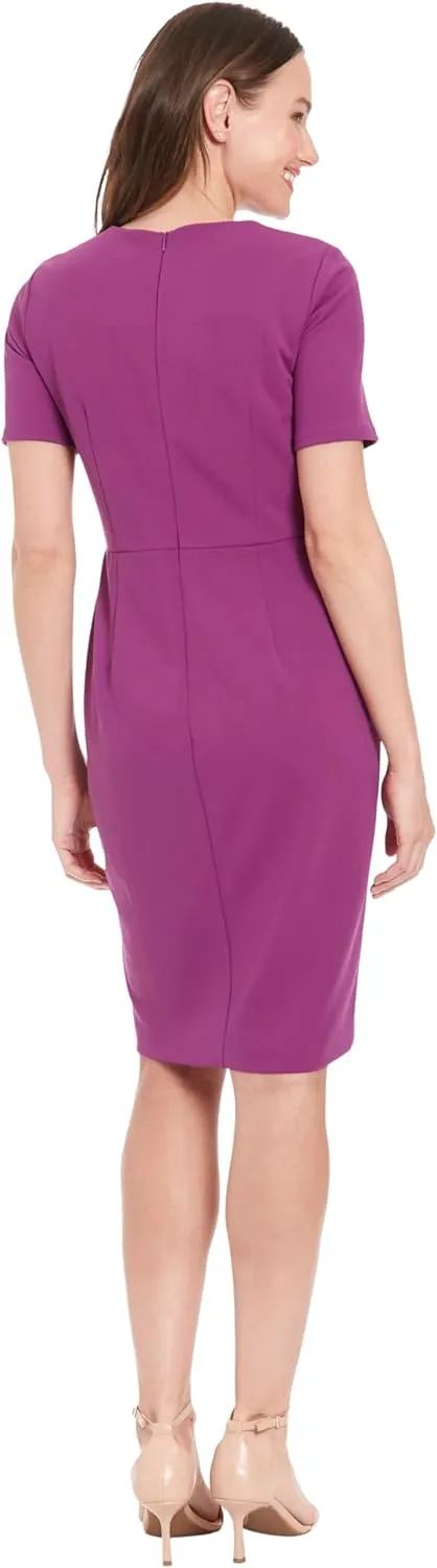 London Times Women's Short Sleeve Knee Length Crew Neck Button Side Career Polished Sheath Dress