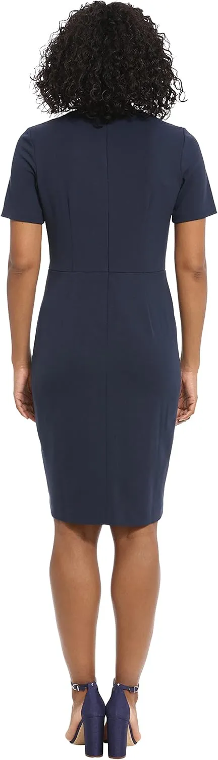 London Times Women's Short Sleeve Knee Length Crew Neck Button Side Career Polished Sheath Dress