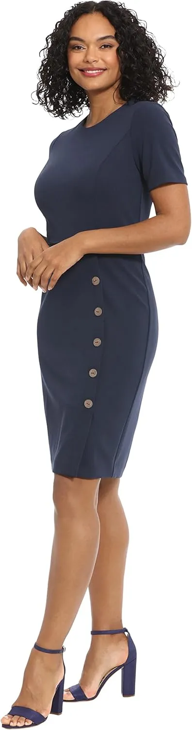 London Times Women's Short Sleeve Knee Length Crew Neck Button Side Career Polished Sheath Dress