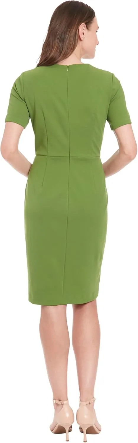 London Times Women's Short Sleeve Knee Length Crew Neck Button Side Career Polished Sheath Dress