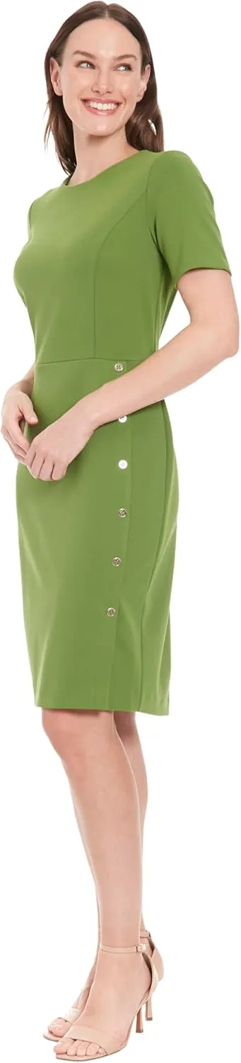 London Times Women's Short Sleeve Knee Length Crew Neck Button Side Career Polished Sheath Dress