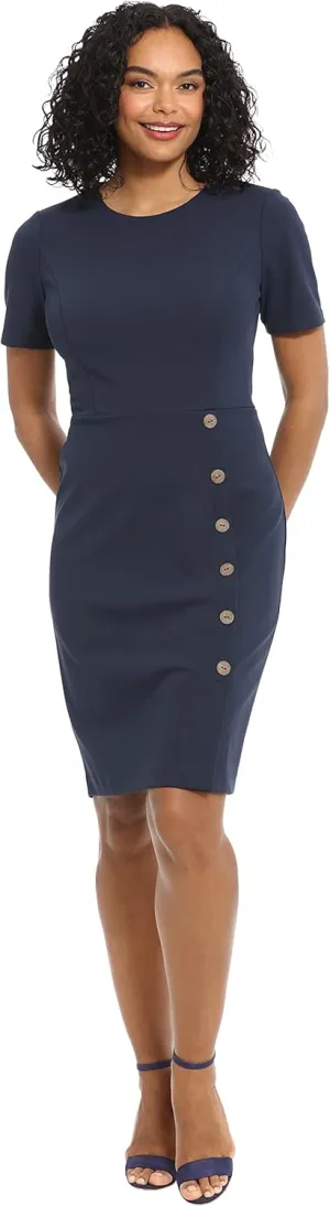 London Times Women's Short Sleeve Knee Length Crew Neck Button Side Career Polished Sheath Dress