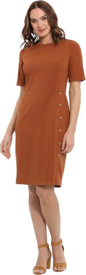 London Times Women's Short Sleeve Knee Length Crew Neck Button Side Career Polished Sheath Dress