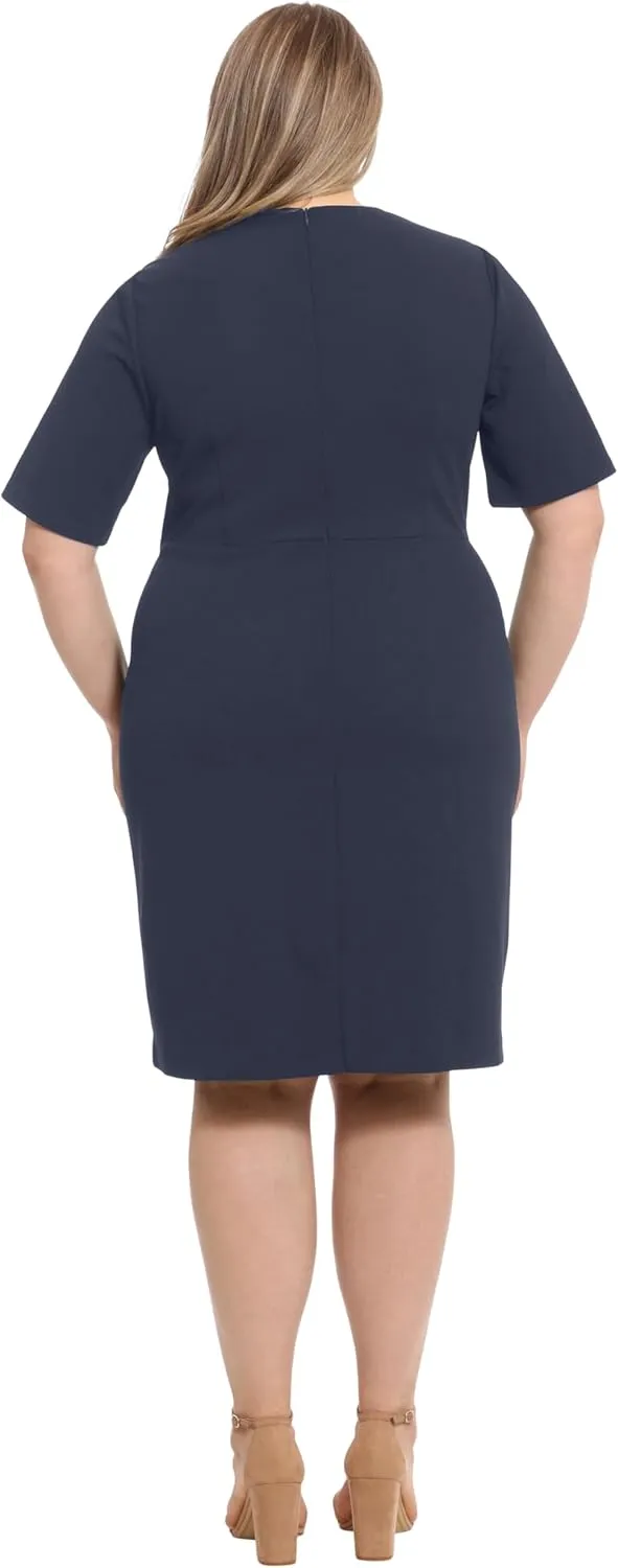 London Times Women's Short Sleeve Knee Length Crew Neck Button Side Career Polished Sheath Dress