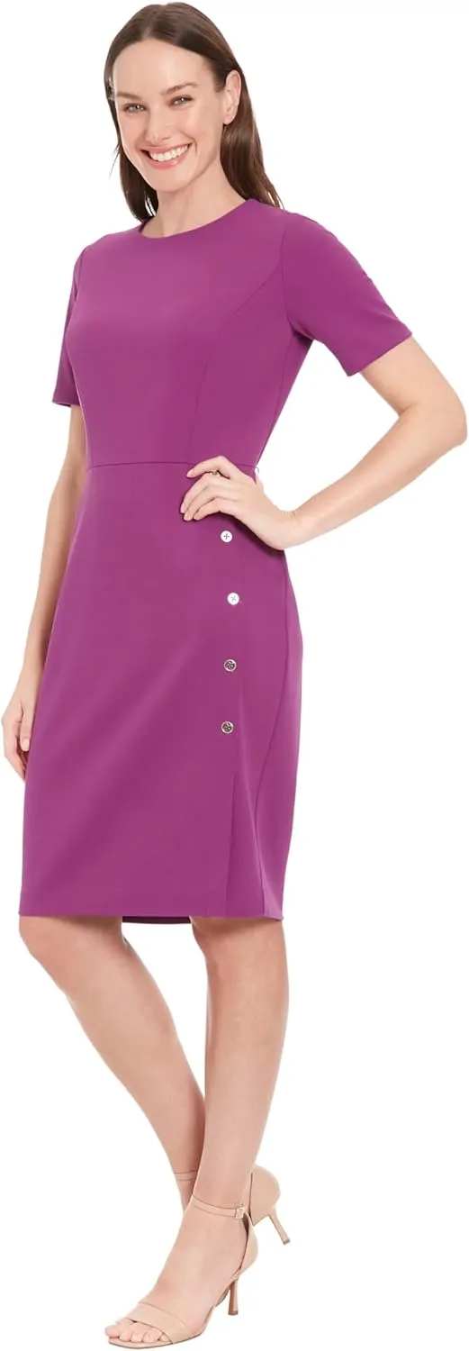 London Times Women's Short Sleeve Knee Length Crew Neck Button Side Career Polished Sheath Dress
