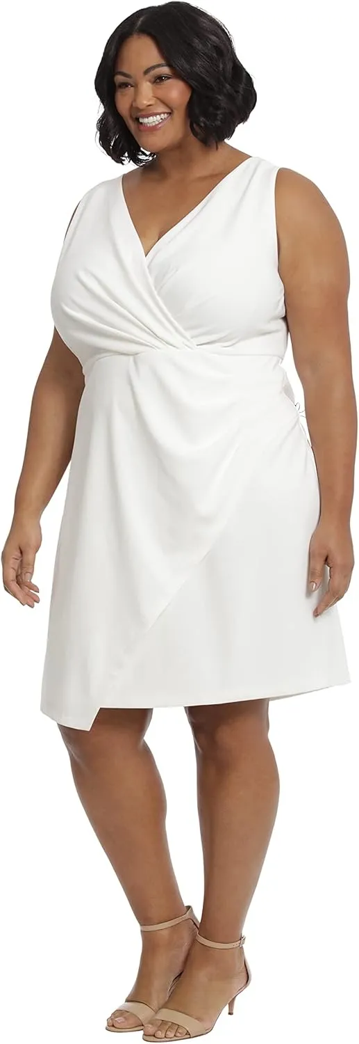 London Times Women's Sleeveless V-Neck Pleated Faux Wrap Guest of Special Occasion Event Polished Wedding