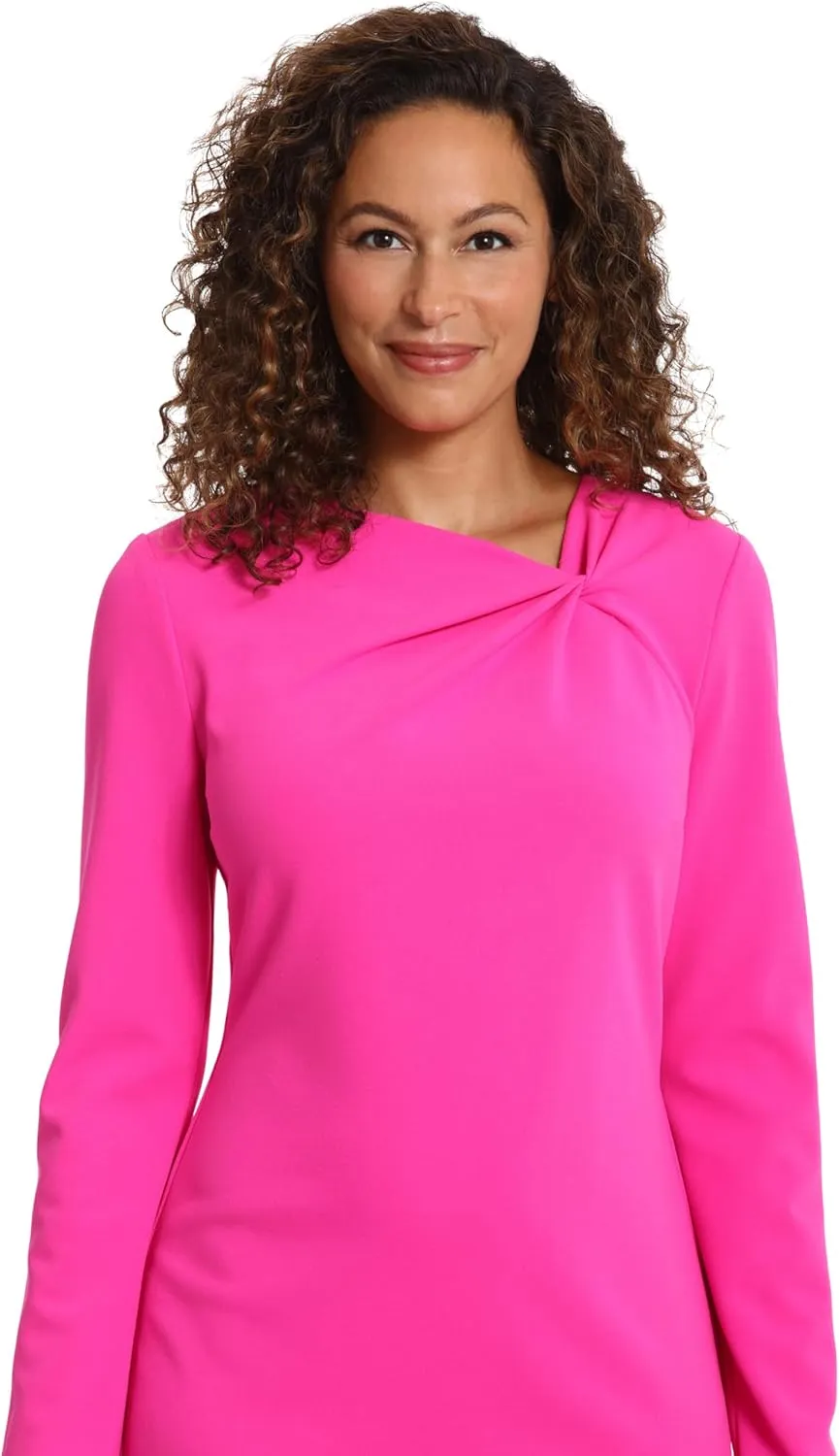London Times Women's Twist Neck Short Crepe Long Sleeve Dress Fun Playful Polished Chic Desk to Dinner