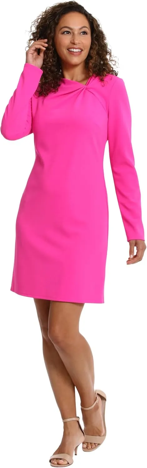 London Times Women's Twist Neck Short Crepe Long Sleeve Dress Fun Playful Polished Chic Desk to Dinner