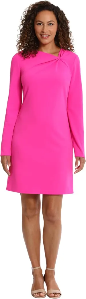 London Times Women's Twist Neck Short Crepe Long Sleeve Dress Fun Playful Polished Chic Desk to Dinner