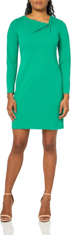 London Times Women's Twist Neck Short Crepe Long Sleeve Dress Fun Playful Polished Chic Desk to Dinner