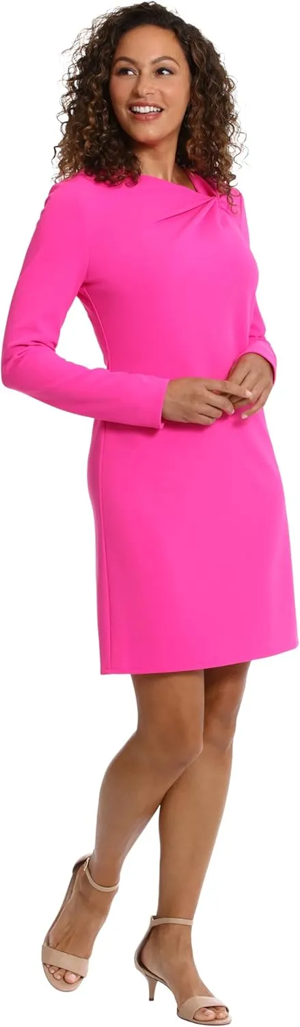London Times Women's Twist Neck Short Crepe Long Sleeve Dress Fun Playful Polished Chic Desk to Dinner