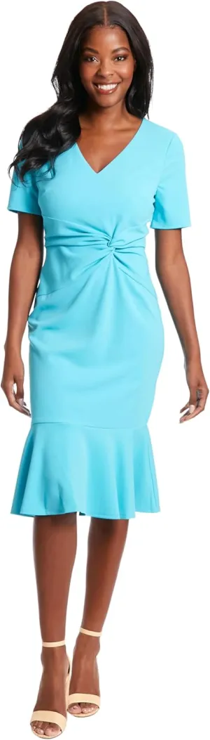 London Times Women's V-Neck Polished Flounce Hem Twist Waist Detail Feminine Office Event Guest of