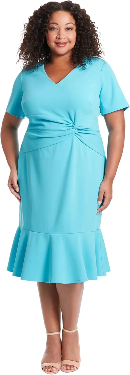 London Times Women's V-Neck Polished Flounce Hem Twist Waist Detail Feminine Office Event Guest of