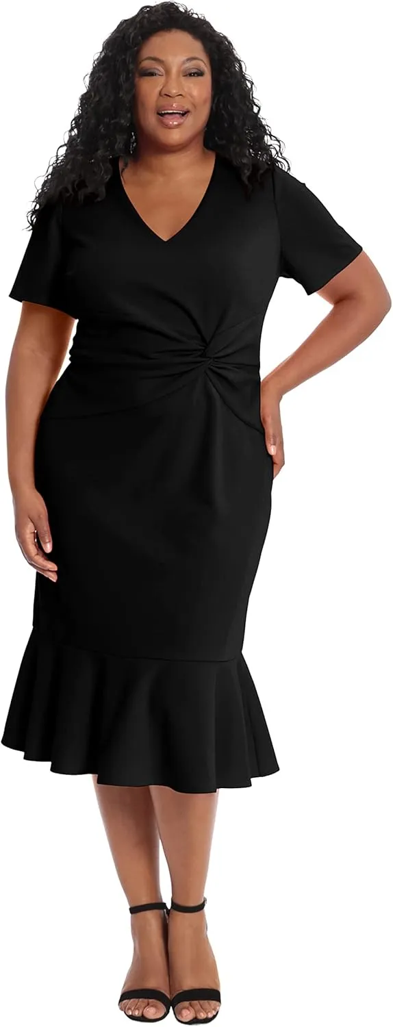 London Times Women's V-Neck Polished Flounce Hem Twist Waist Detail Feminine Office Event Guest of