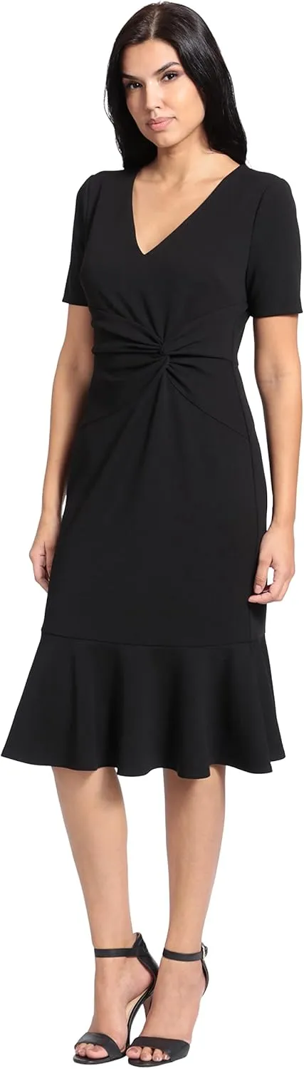 London Times Women's V-Neck Polished Flounce Hem Twist Waist Detail Feminine Office Event Guest of