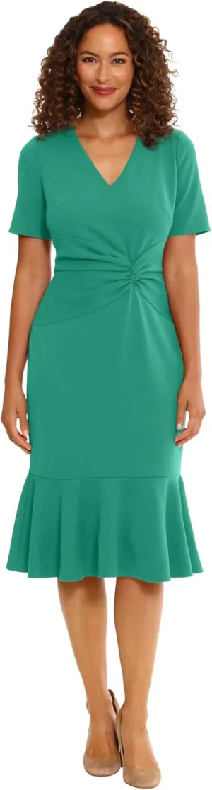 London Times Women's V-Neck Polished Flounce Hem Twist Waist Detail Feminine Office Event Guest of