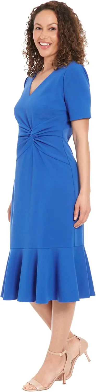 London Times Women's V-Neck Polished Flounce Hem Twist Waist Detail Feminine Office Event Guest of