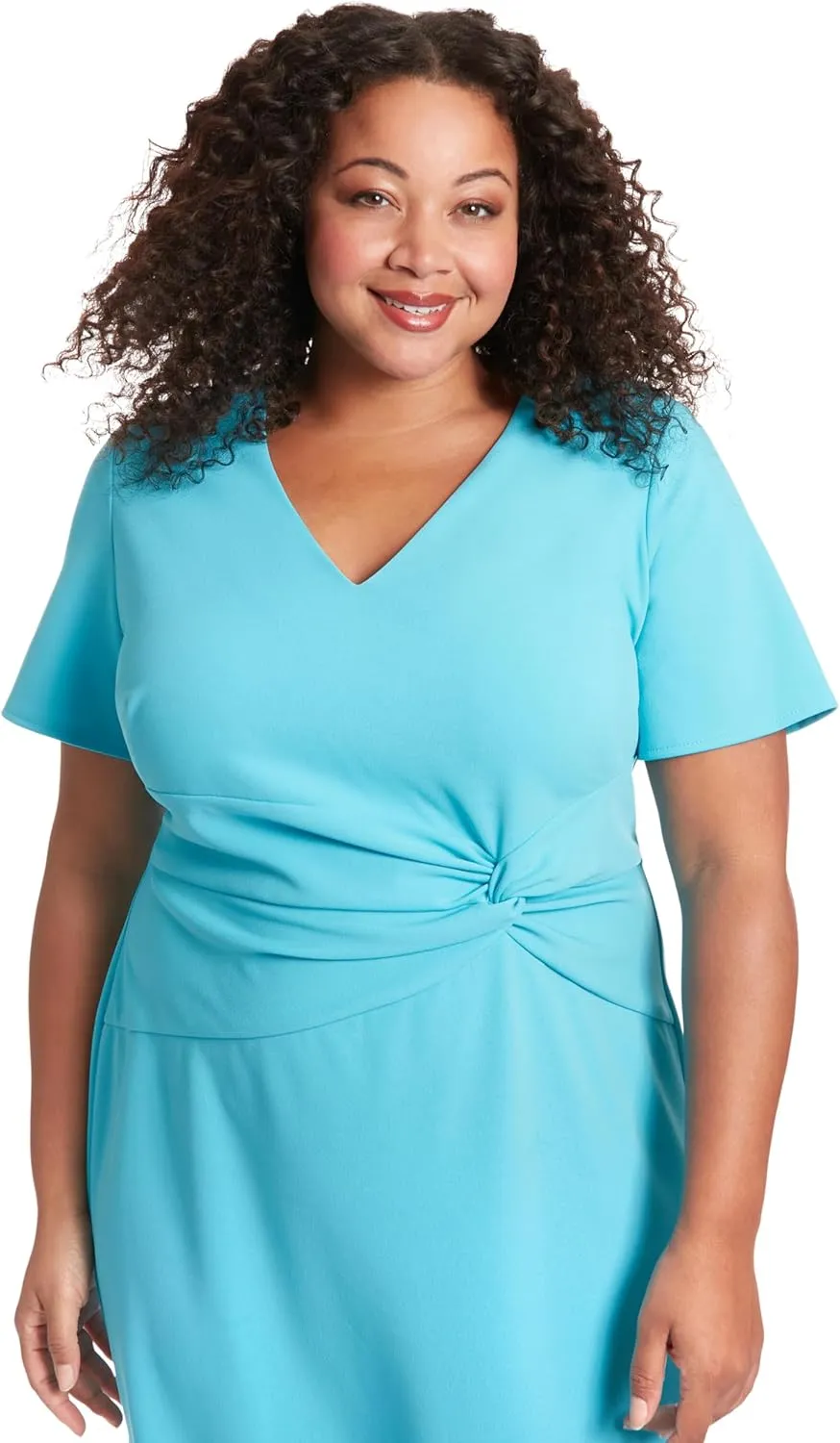 London Times Women's V-Neck Polished Flounce Hem Twist Waist Detail Feminine Office Event Guest of