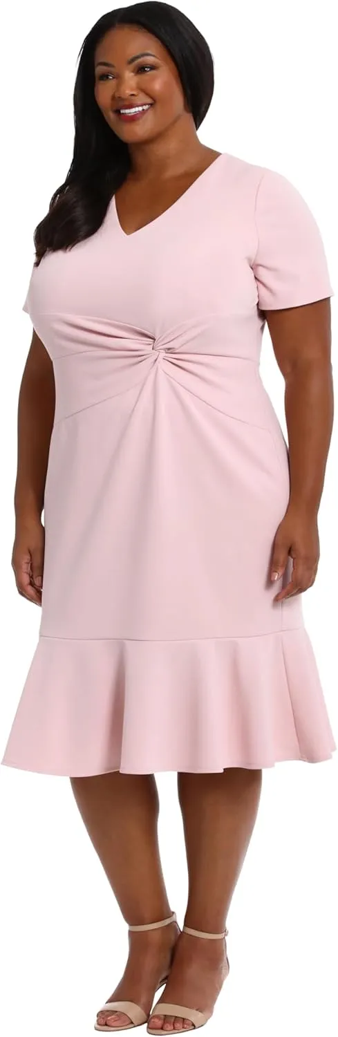 London Times Women's V-Neck Polished Flounce Hem Twist Waist Detail Feminine Office Event Guest of