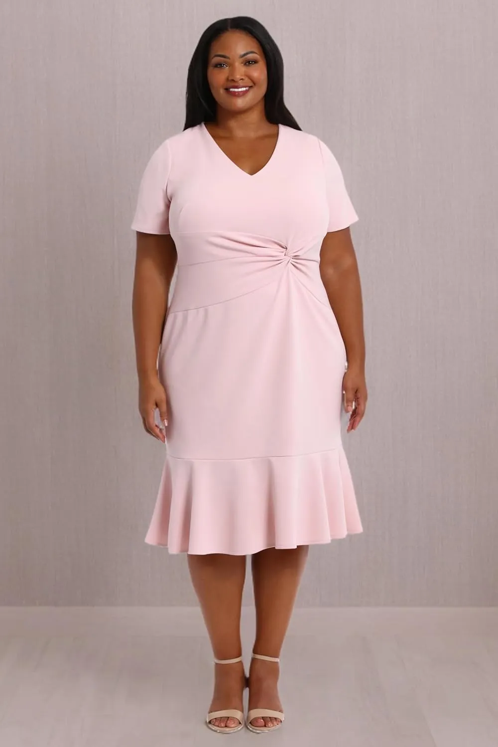 London Times Women's V-Neck Polished Flounce Hem Twist Waist Detail Feminine Office Event Guest of