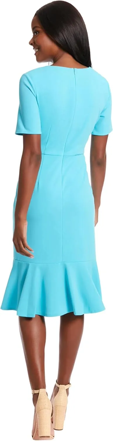 London Times Women's V-Neck Polished Flounce Hem Twist Waist Detail Feminine Office Event Guest of