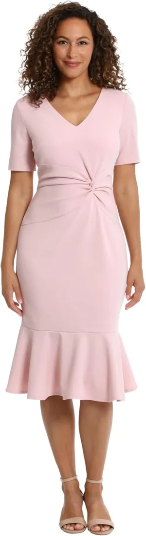 London Times Women's V-Neck Polished Flounce Hem Twist Waist Detail Feminine Office Event Guest of