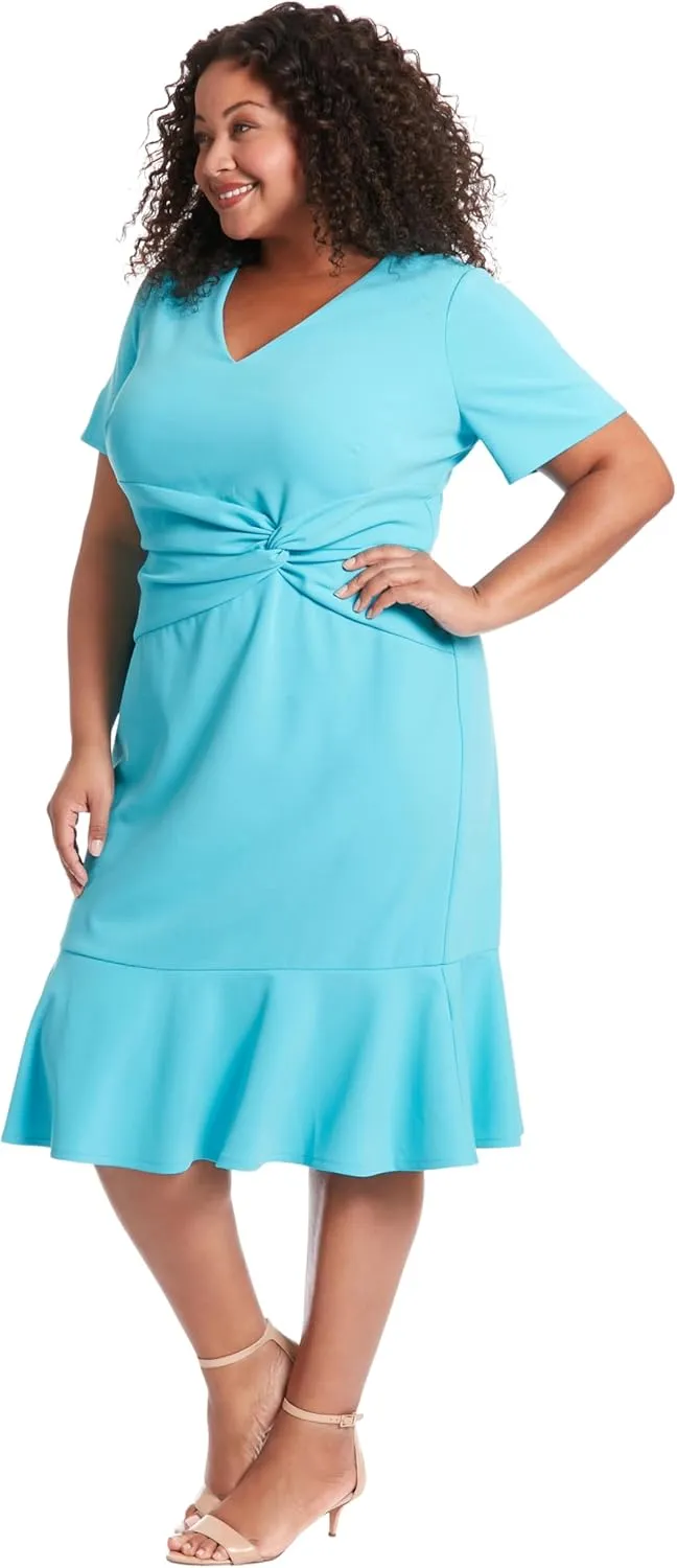 London Times Women's V-Neck Polished Flounce Hem Twist Waist Detail Feminine Office Event Guest of