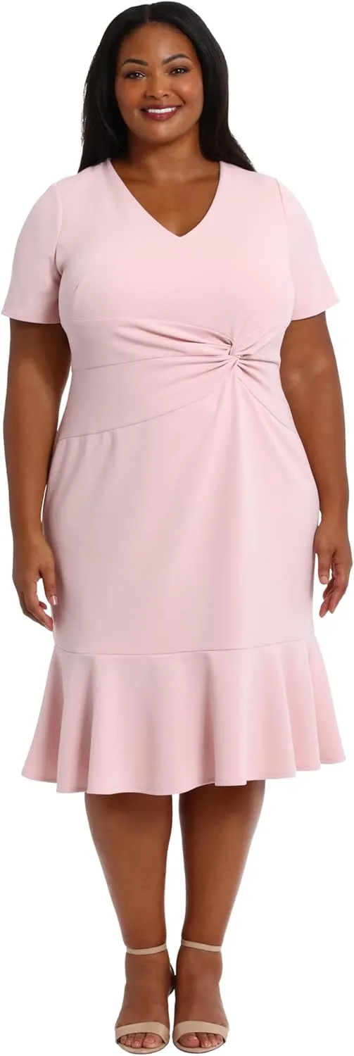 London Times Women's V-Neck Polished Flounce Hem Twist Waist Detail Feminine Office Event Guest of
