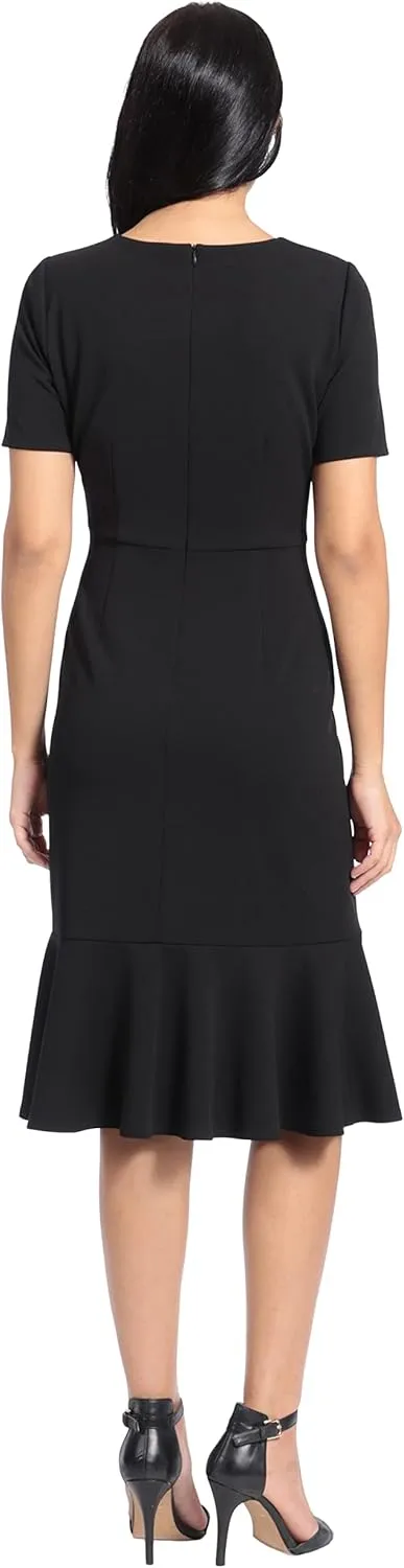 London Times Women's V-Neck Polished Flounce Hem Twist Waist Detail Feminine Office Event Guest of